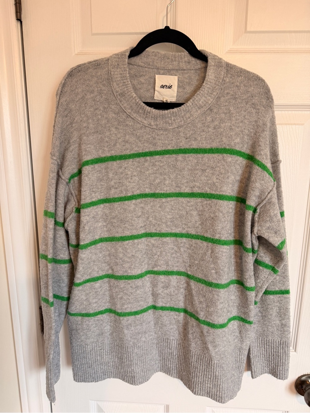 Aerie Women’s Gray Crewneck Sweater with Green Stripes